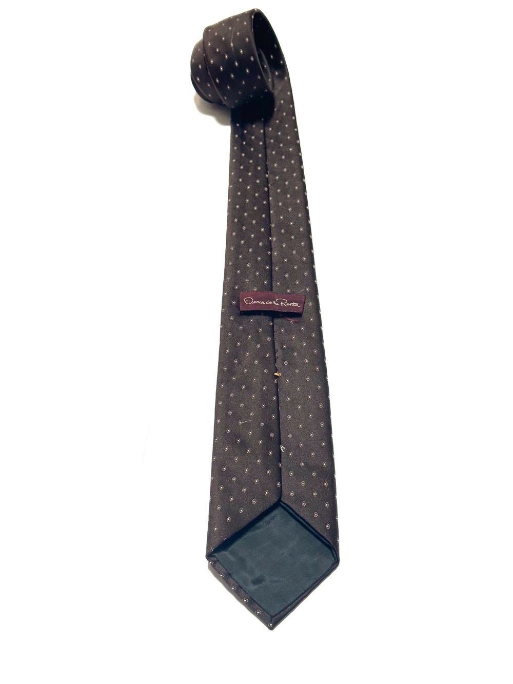 Vintage Oscar de la Renta Brown Geometric Micro Dot Floral Pattern Neck Tie - Picture 2 of 6